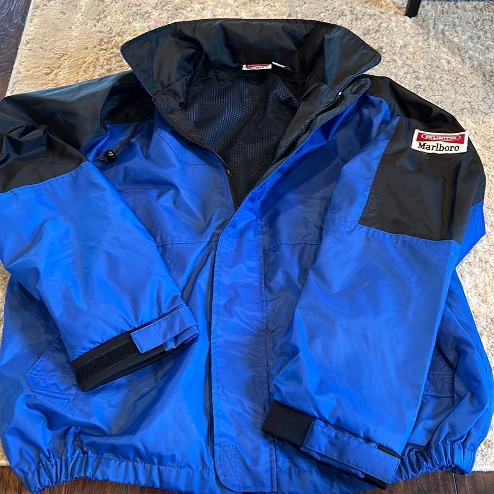 blue rain jacket windbreaker top hood full zip retro‎ adult men's size XL EUC